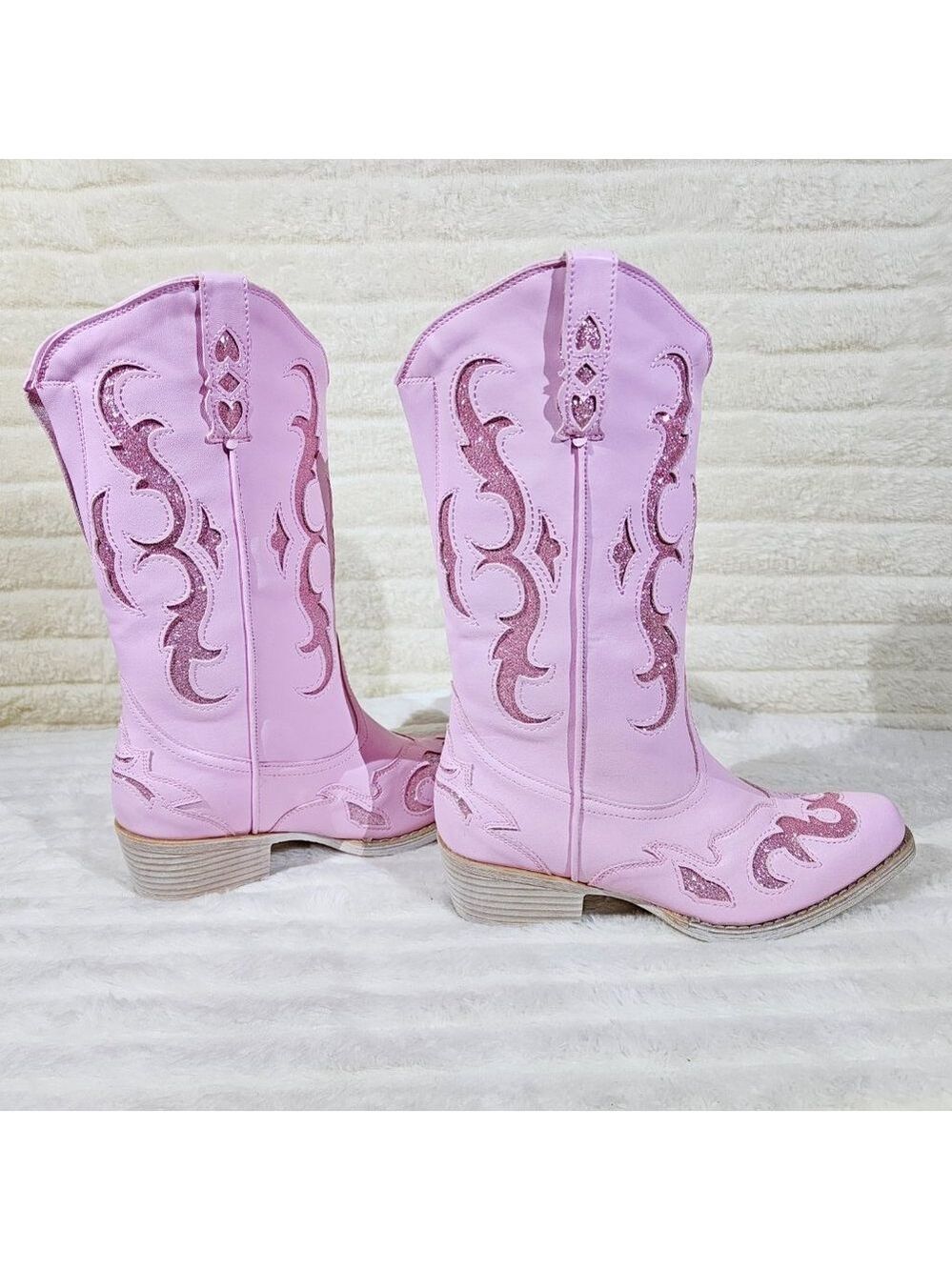 Dazzle Darlings Baby Pink Glitter Inset Cowboy Cowgirl Pull On Mid Calf Boot